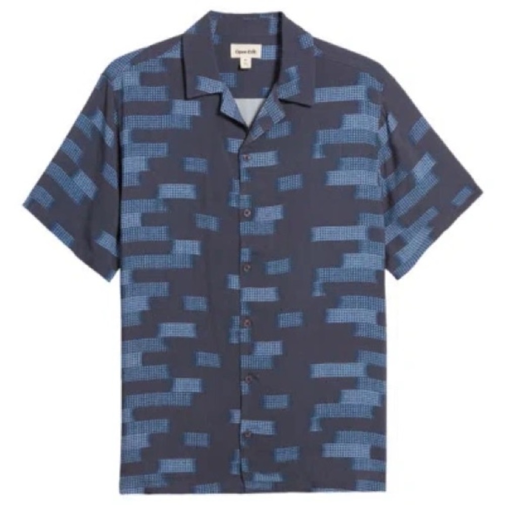 NWT- Open Edit RELAX GEO PATTERN CAMP SHIRT IN NAVY AMBIENT STRIPE, size small